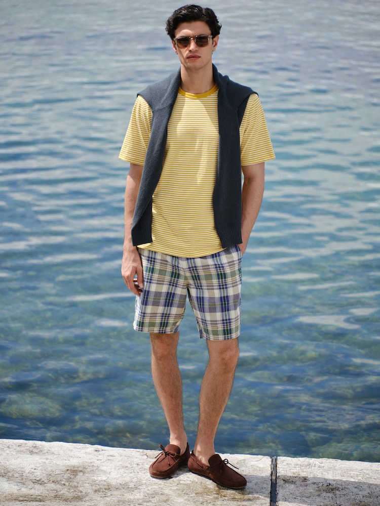 Ivory/Blue Cotton Madras Check Chino Shorts - Image 2 of 5 Ivory/Blue Cotton Madras Check Chino Shorts - Image 2 of 5
