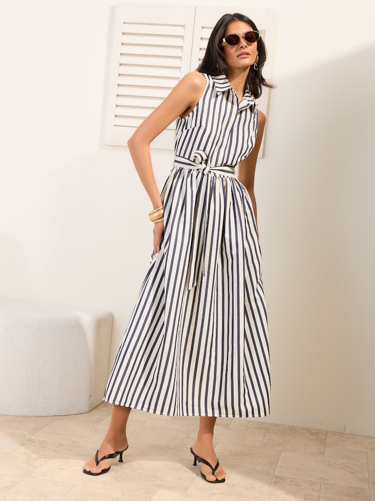Bej - Friends Like These Striped Collared Shirt Midi Dress - Imaginea 1 din 5