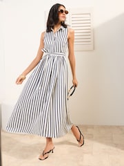 Bej - Friends Like These Striped Collared Shirt Midi Dress - Imaginea 3 din 5