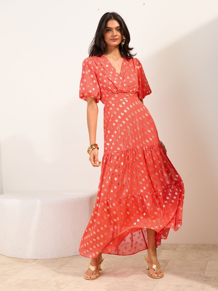 Friends Like These Coral Pink Polka Dot Metallic Short Sleeve Midi Dress - Image 1 of 4 Friends Like These Coral Pink Polka Dot Metallic Short Sleeve Midi Dress - Image 1 of 4