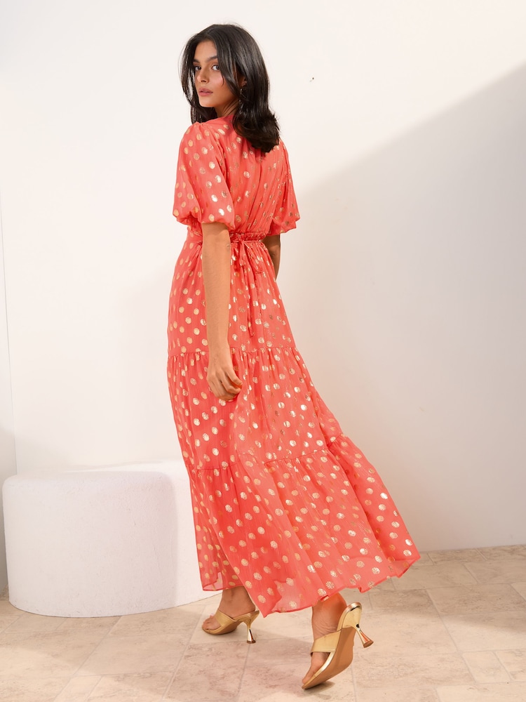 Friends Like These Coral Pink Polka Dot Metallic Short Sleeve Midi Dress - Image 4 of 4 Friends Like These Coral Pink Polka Dot Metallic Short Sleeve Midi Dress - Image 4 of 4