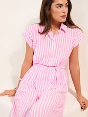 Friends Like These Pink/White Button Down Tie Waist Collared Shirt Midi Dress - Image 2 of 4