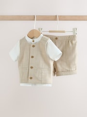 لون محايد - Woven Waistcoat, Shirt and Shorts Baby Set 3 Piece (0mths-2yrs) - Image 1 of 11