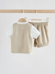 لون محايد - Woven Waistcoat, Shirt and Shorts Baby Set 3 Piece (0mths-2yrs) - Image 6 of 11