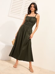 Friends Like These X Lucy Mecklenburgh Khaki Green Strappy Jersey Shirred Waist Midi Dress - Image 3 of 4