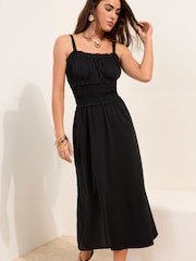 Friends Like These X Lucy Mecklenburgh Black Petite Strappy Jersey Shirred Waist Midi Dress - Image 3 of 4