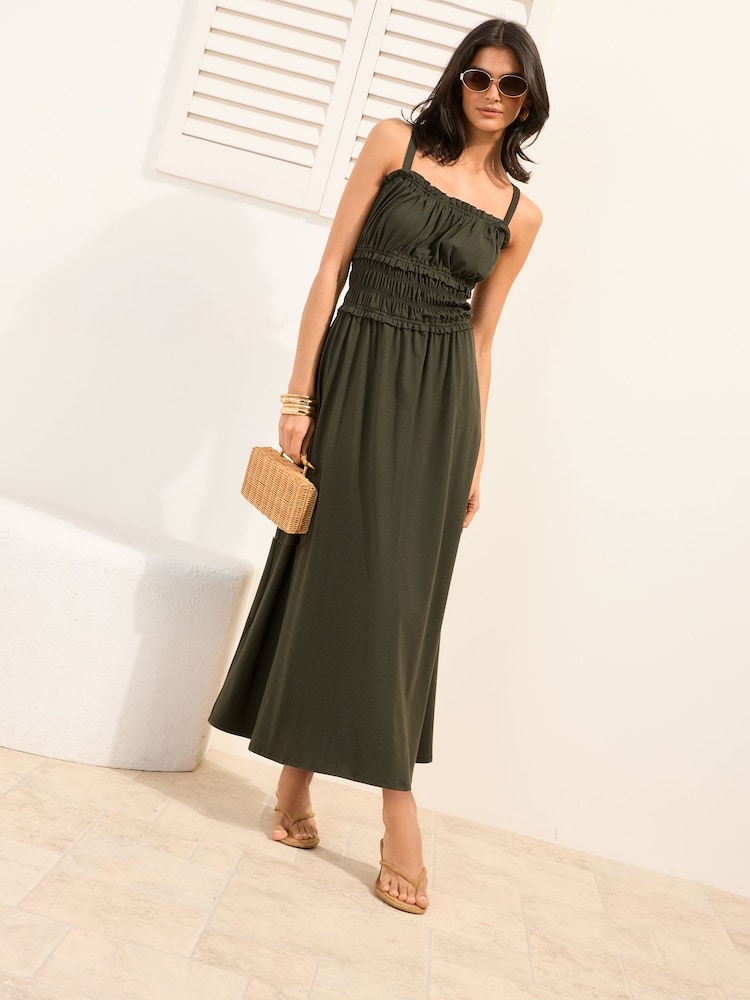 Friends Like These X Lucy Mecklenburgh Khaki Green Petite Strappy Jersey Shirred Waist Midi Dress - Image 1 of 4 Friends Like These X Lucy Mecklenburgh Khaki Green Petite Strappy Jersey Shirred Waist Midi Dress - Image 1 of 4