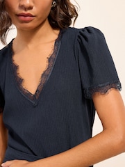 Friends Like These Navy Petite Lace Trim Detail Short Sleeve Jumpsuit - Image 2 of 5