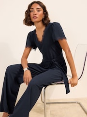Friends Like These Navy Petite Lace Trim Detail Short Sleeve Jumpsuit - Image 3 of 5