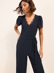 Friends Like These Navy Petite Lace Trim Detail Short Sleeve Jumpsuit - Image 4 of 5