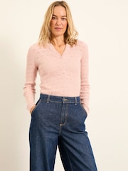 FatFace Lois Pale Pink Knitted Button Front Henley - Image 1 of 6