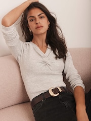 Mint Velvet Grey Cotton Blend Twist Front Knit Top - Image 6 of 8