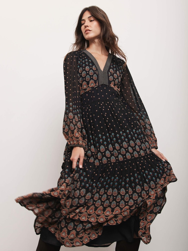Mint Velvet Black Retro Print Midi Dress - Image 1 of 7