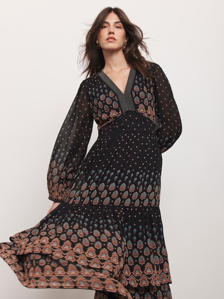 Mint Velvet Black Retro Print Midi Dress - Image 2 of 7