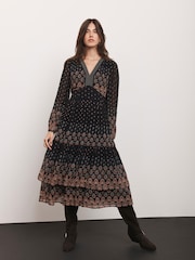 Mint Velvet Black Retro Print Midi Dress - Image 4 of 7