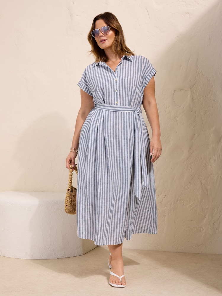 Friends Like These White/Blue Curve Button Down Tie Waist Collared Shirt Midi Dress - Image 1 of 5