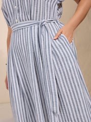 Friends Like These White/Blue Curve Button Down Tie Waist Collared Shirt Midi Dress - Image 2 of 5