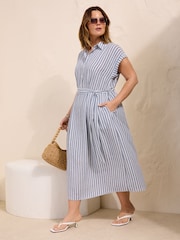 Friends Like These White/Blue Curve Button Down Tie Waist Collared Shirt Midi Dress - Image 3 of 5