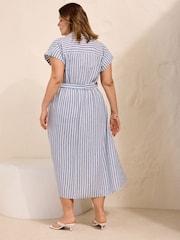 Friends Like These White/Blue Curve Button Down Tie Waist Collared Shirt Midi Dress - Image 5 of 5