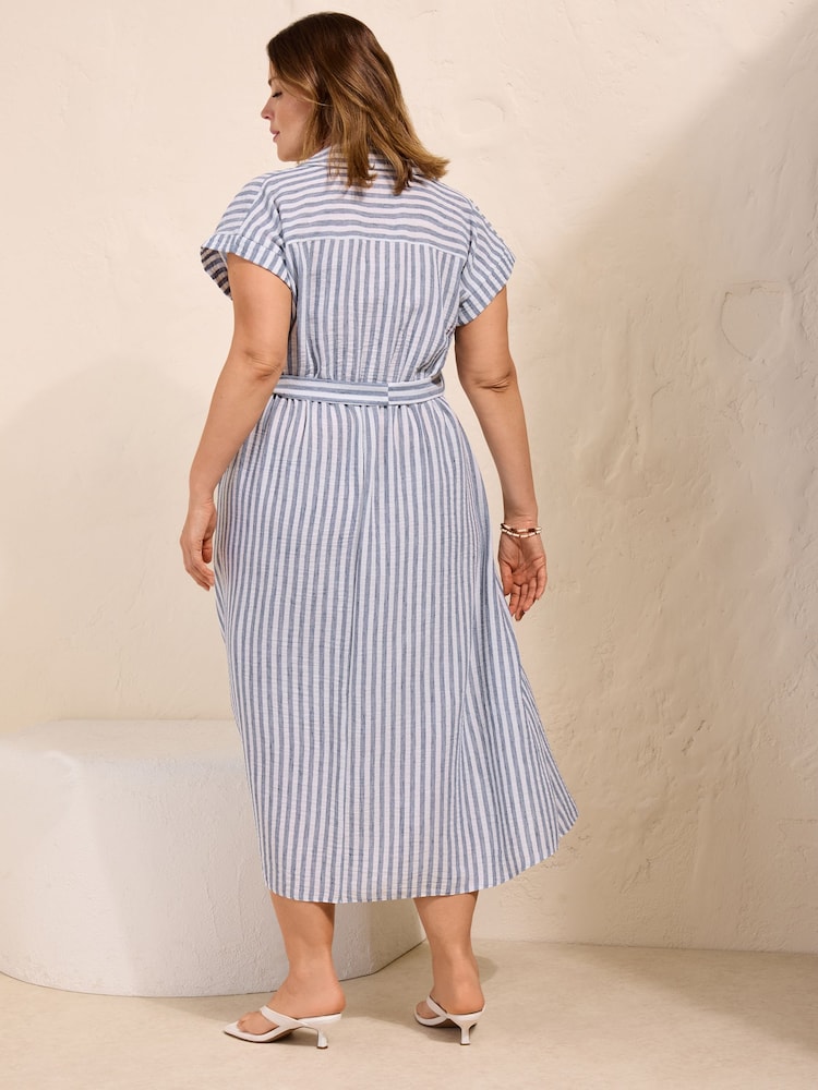 Friends Like These White/Blue Curve Button Down Tie Waist Collared Shirt Midi Dress - Image 5 of 5