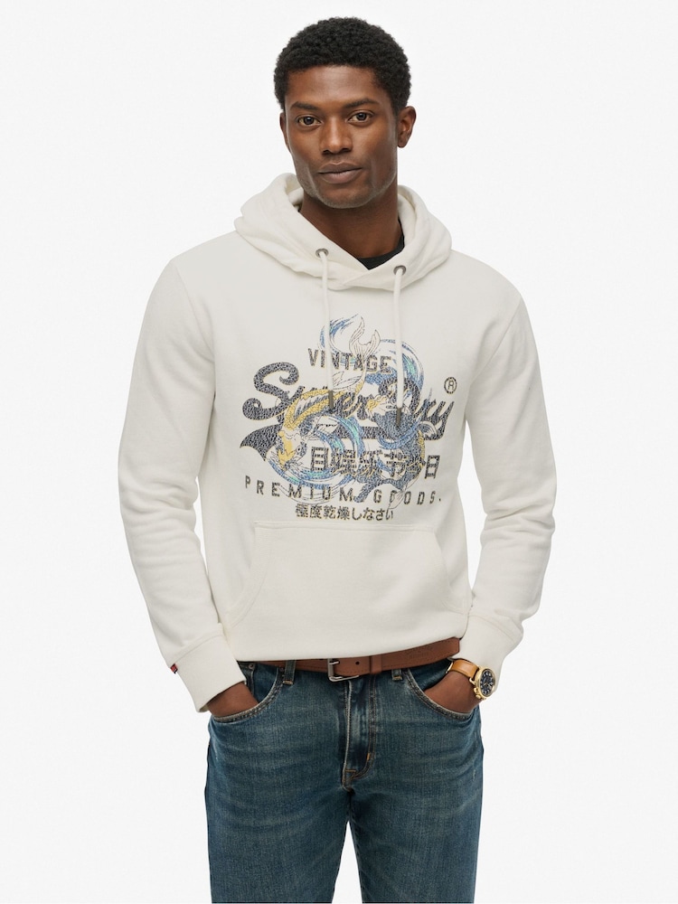 Superdry Cream Vintage Logo Tokyo Relaxed Hoodie - Image 1 of 3 Superdry Cream Vintage Logo Tokyo Relaxed Hoodie - Image 1 of 3