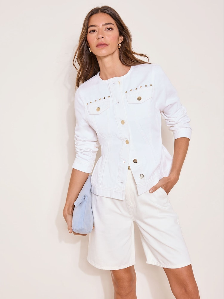 Lipsy Studded White Collarless Cinched Waist Denim Jacket - Image 1 of 5