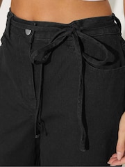 PixieGirl Petite Black Selfbelt Stretch Wide Leg Jeans - Image 4 of 5
