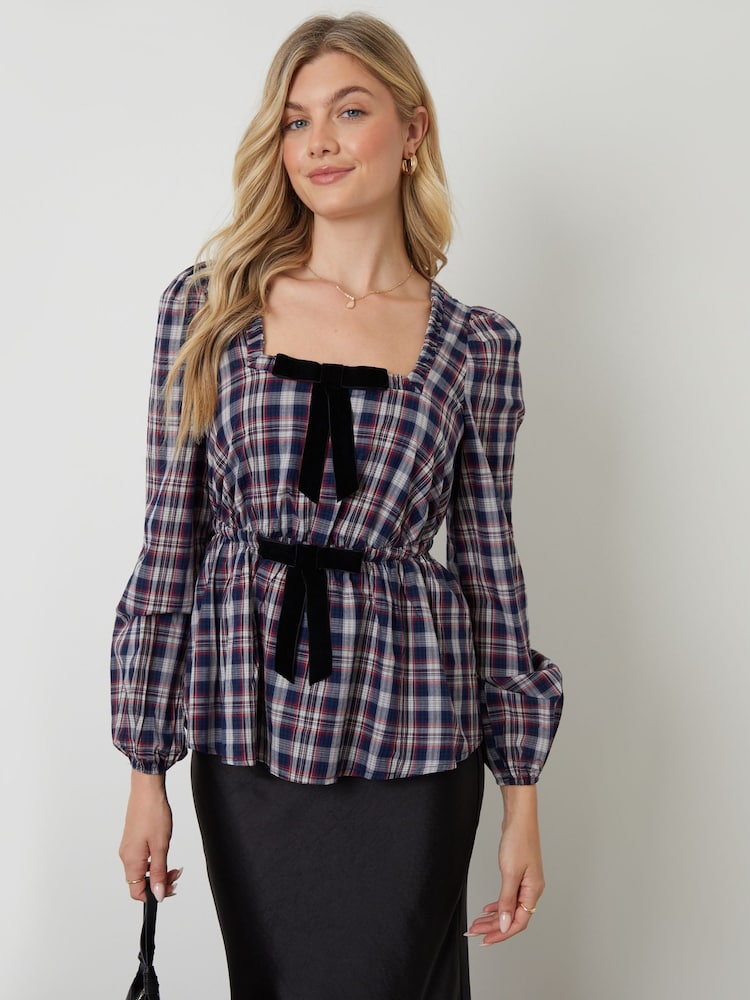 Another Sunday Blue Bow Detail Square Neck Blouse - Image 1 of 5 Another Sunday Blue Bow Detail Square Neck Blouse - Image 1 of 5