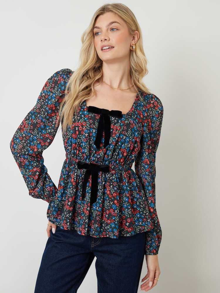 Another Sunday Black Bow Detail Square Neck Blouse - Image 1 of 4