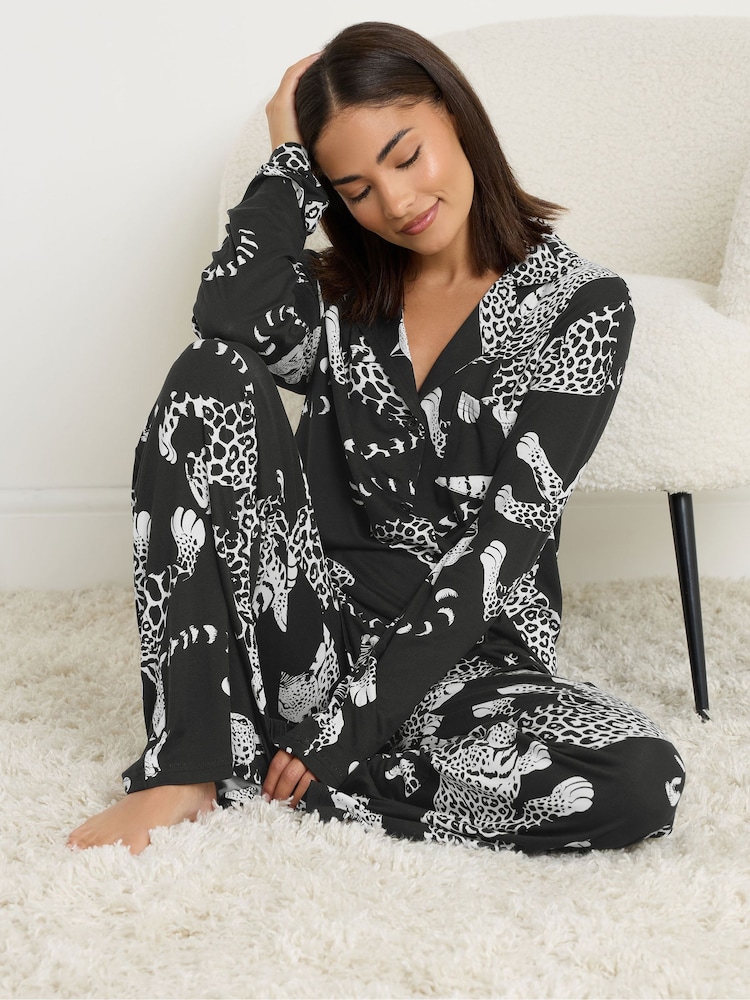 PixieGirl Petite Black Soft Touch Leopard Print Pyjamas Set - Image 2 of 5