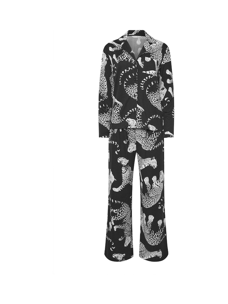 PixieGirl Petite Black Soft Touch Leopard Print Pyjamas Set - Image 5 of 5