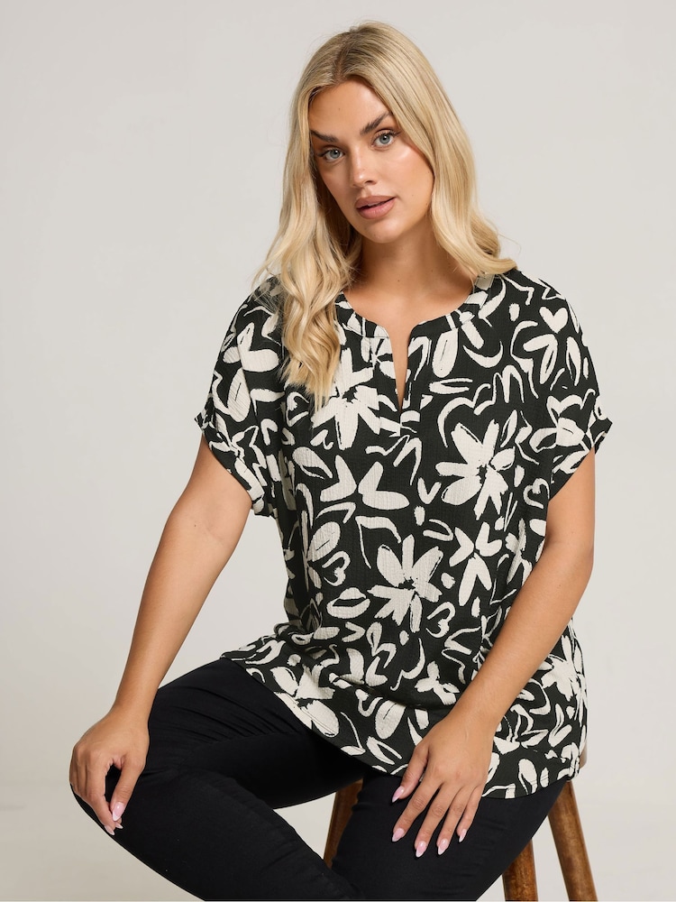 Yours Curve Black Textured Notch Neck Top - Image 1 of 5