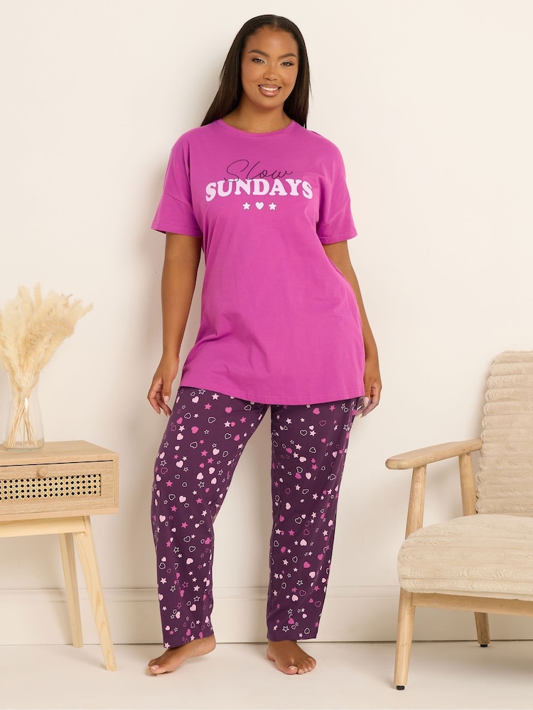 Yours Curve Pink Slow Sunday Short Sleeve Wide Leg Pyjamas Set - Image 1 of 5 Yours Curve Pink Slow Sunday Short Sleeve Wide Leg Pyjamas Set - Image 1 of 5