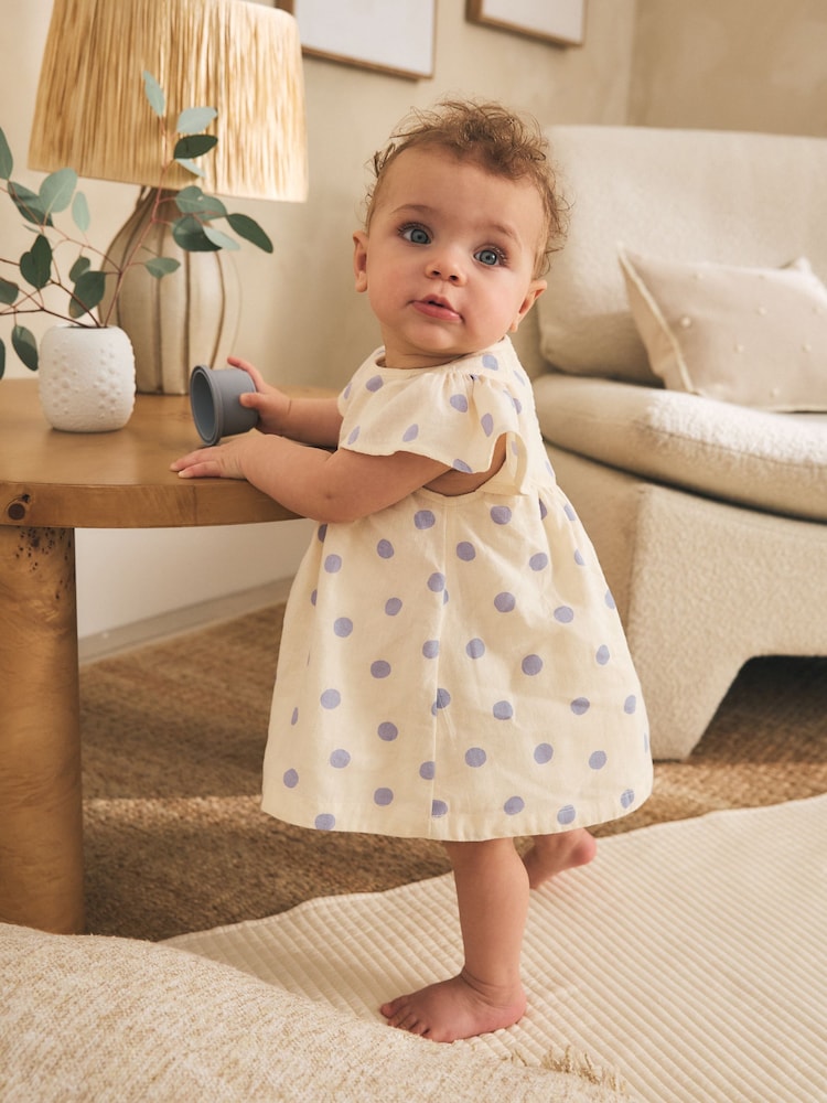 Blue/Ecru Spot Woven Baby Dress And Knickers Set 2 Piece (0mths-3yrs) - Image 1 of 12