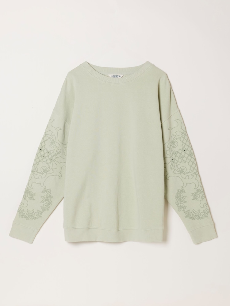 FatFace Emily Light Green Broderie Sleeve Detail Crew Sweat - Image 5 of 5