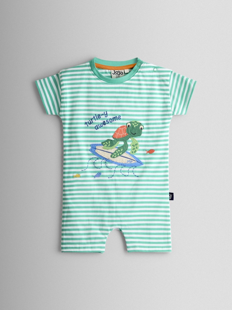 JoJo Maman Bébé Teal Green Turtle Applique Romper - Image 1 of 3