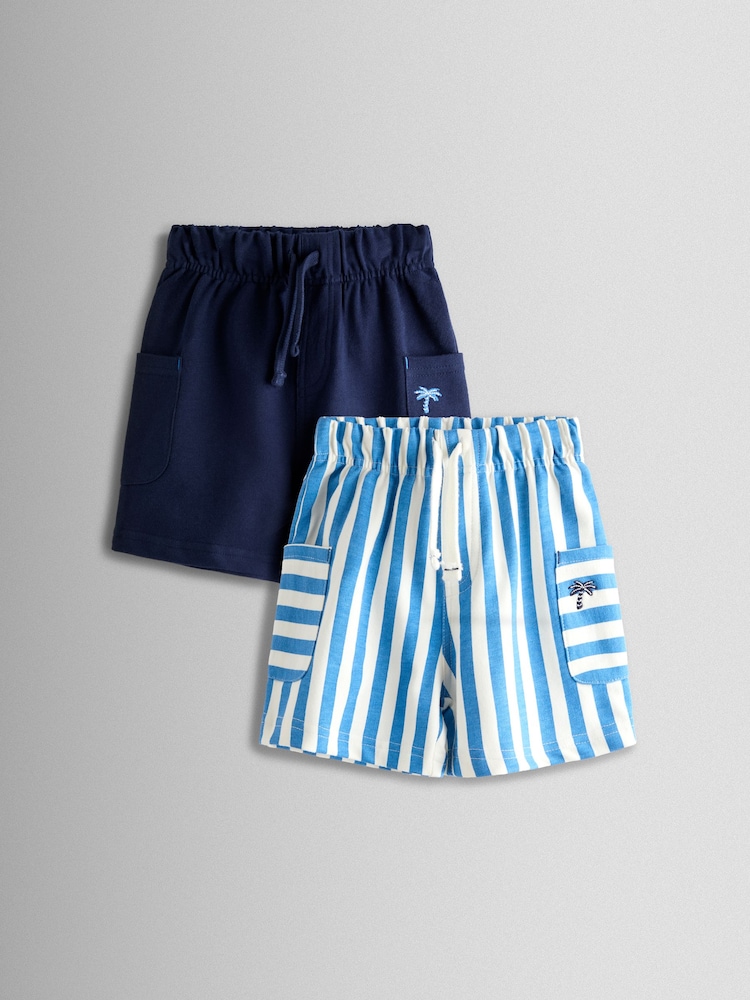 JoJo Maman Bébé Blue 2-Pack Stripe & Plain Shorts - Image 1 of 7