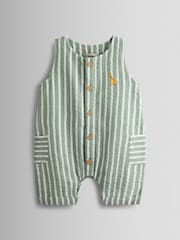 JoJo Maman Bébé Sage Green Giraffe Button Front Stripe Romper - Image 1 of 3