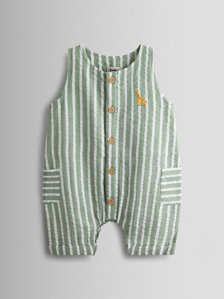 JoJo Maman Bébé Sage Green Giraffe Button Front Stripe Romper - Image 1 of 3