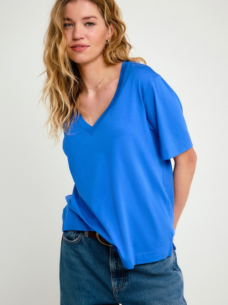Cobalt Blue Cotton Modal Slouch V-Neck T-Shirt - Image 1 of 7