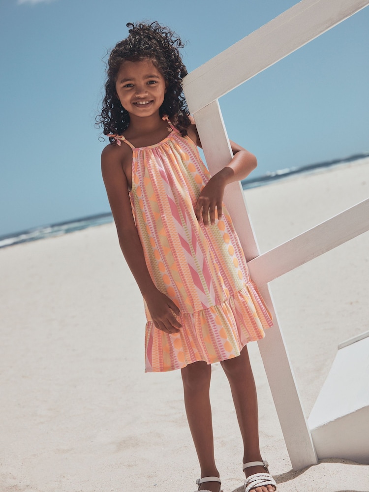 Fluro Pink/Orange Strappy Embroderied Dress (3-16yrs) - Image 1 of 9