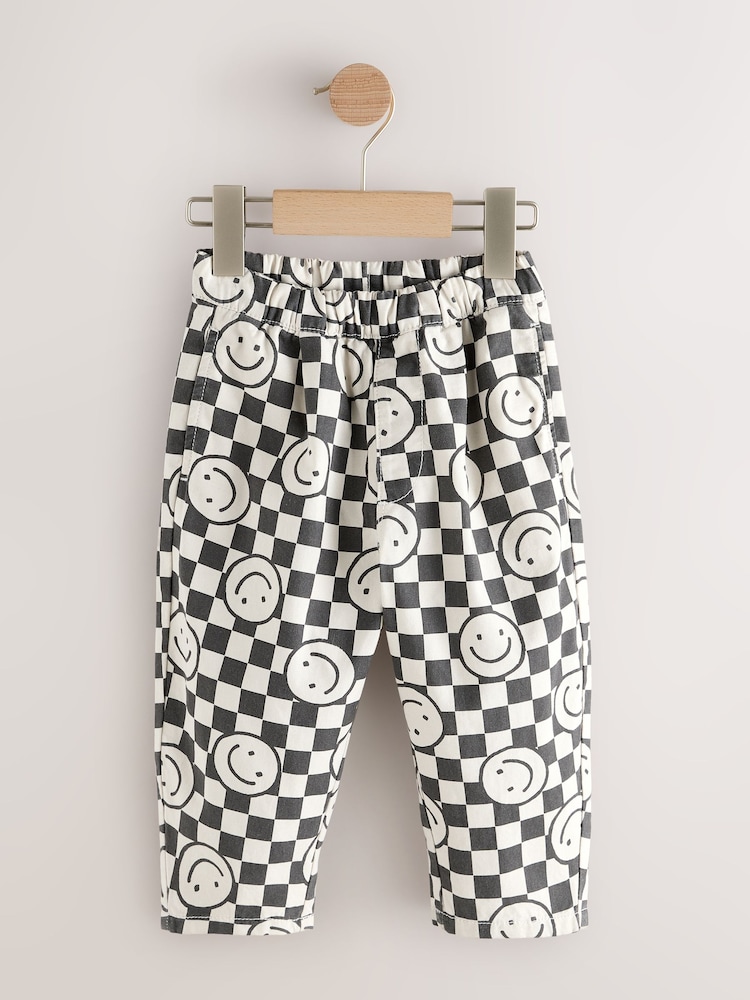 Black/Neutral Happy Face Checkerboard Barrel Pull On Trousers (3mths-7yrs) (3mths-7yrs) - Image 1 of 4