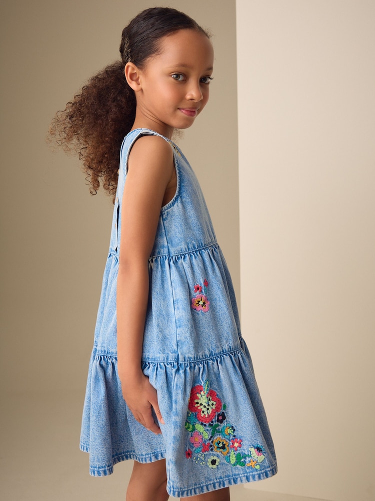 Blue Denim Embroidered Tiered Dress (3-16yrs) - Image 1 of 4