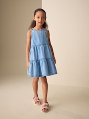 Blue Denim Embroidered Tiered Dress (3-16yrs) - Image 4 of 4