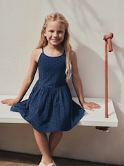 Navy Strappy Broderie Dress (3-16yrs) - Image 2 of 7