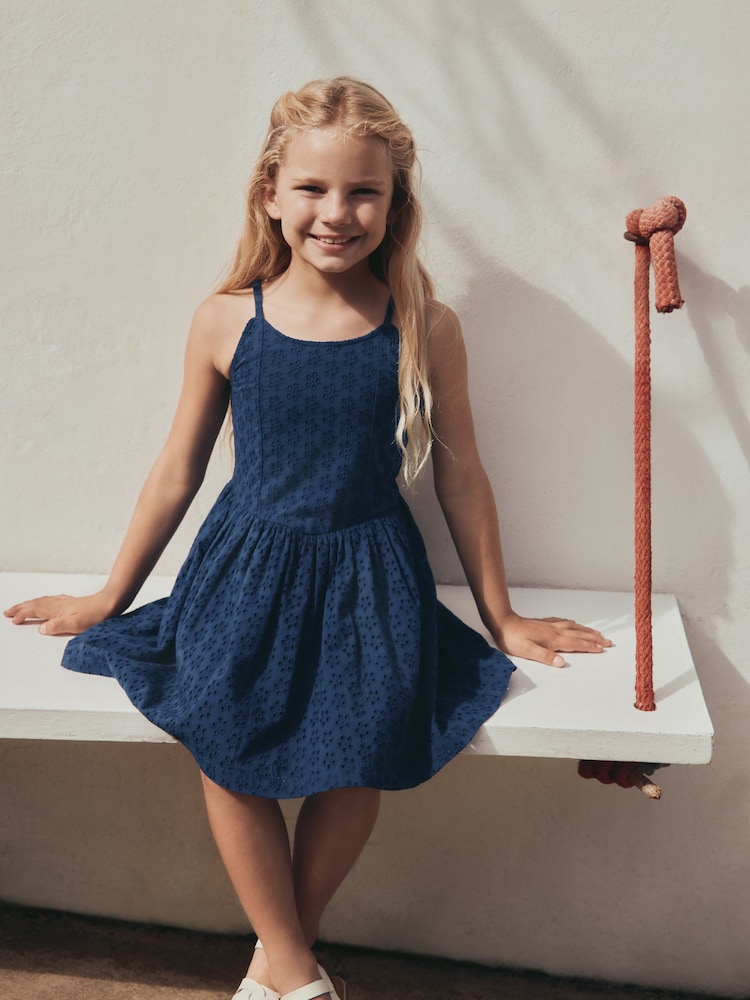 Navy Strappy Broderie Dress (3-16yrs) - Image 2 of 7