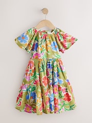 Green Floral Angel Sleeve Dress (3-16yrs) - Image 1 of 4