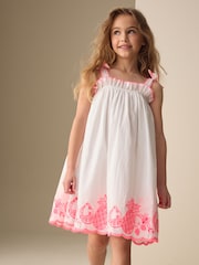 White/Pink Bow Strappy Embroidered Summer Dress (3-16yrs) - Image 1 of 7