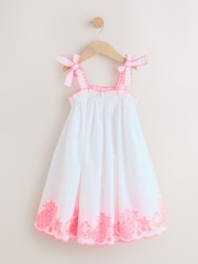 White/Pink Bow Strappy Embroidered Summer Dress (3-16yrs) - Image 4 of 7