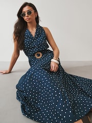 Navy Blue Polka Dot Halter Shirt Midi Belted Dress - Image 2 of 4
